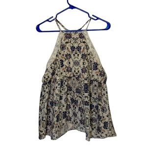 MAURICES WOMENS FLORAL BABYDOLL HALTER TOP WITH LACE DETAIL SIZE MEDIUM